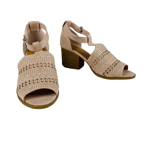 Qupid Boho Ankle Strap Open Toe Chunky Heels Pink Beige Sandals 9 - Picture 2 of 9